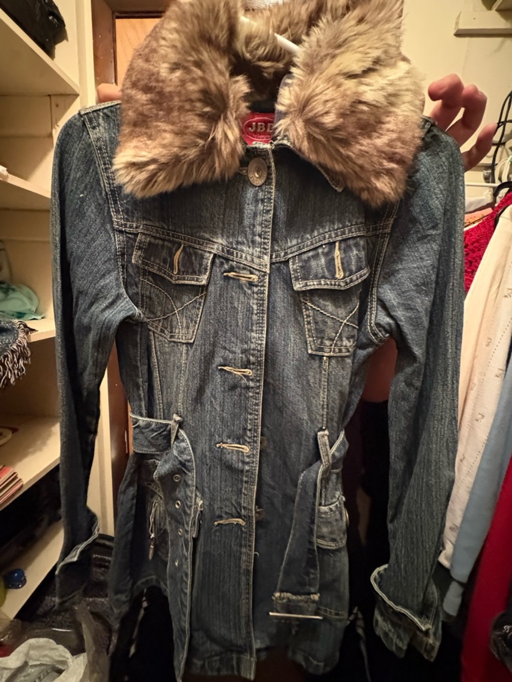 JBL Blue Denim Trench Coat with Brown Faux Fur Collar